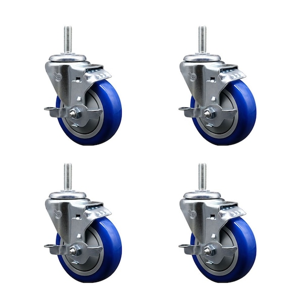 Service Caster 4 Inch Blue Polyurethane Wheel Swivel 58 Inch Threaded Stem Caster Set with Brake SCC SCC-TS20S414-PPUB-BLUE-TLB-58212-4 - main